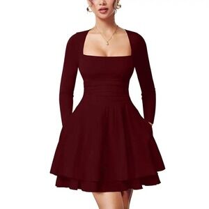 OYS NWOT Burgundy Long Sleeve Square Neck Ruched Mini Dress Large